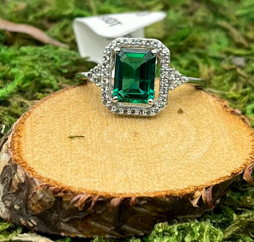 Emerald and White Sapphire 10kt White Gold Ring