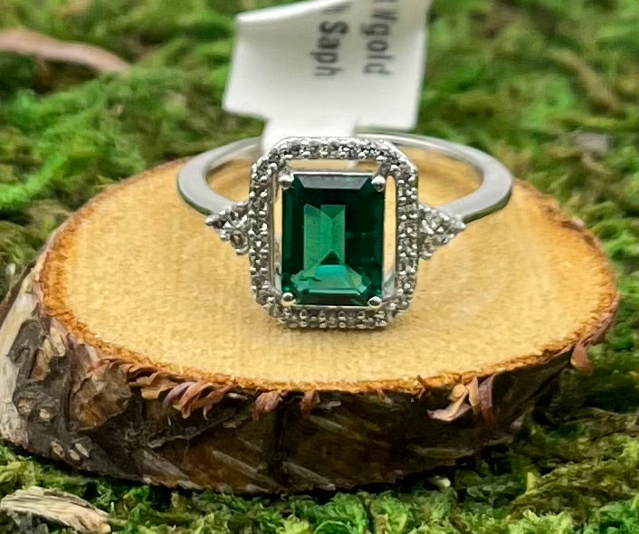 Emerald and White Sapphire 10kt White Gold Ring